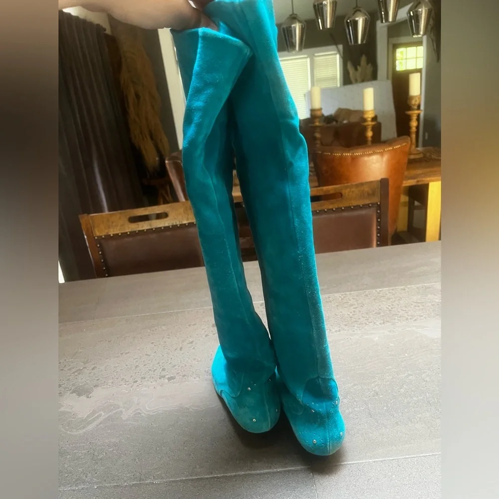 Vintage Neiman Marcus Teal Suede Knee Length Boots Size 37.5
